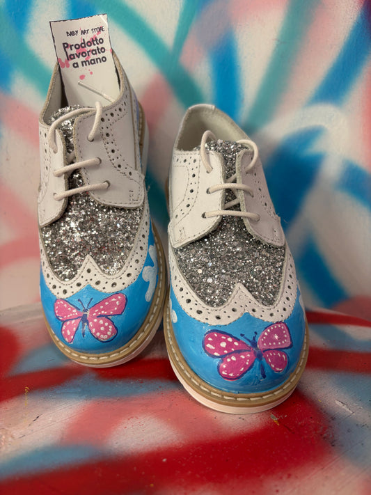Scarpa in Vera Pelle con Glitter e Farfalle Dipinte a Mano